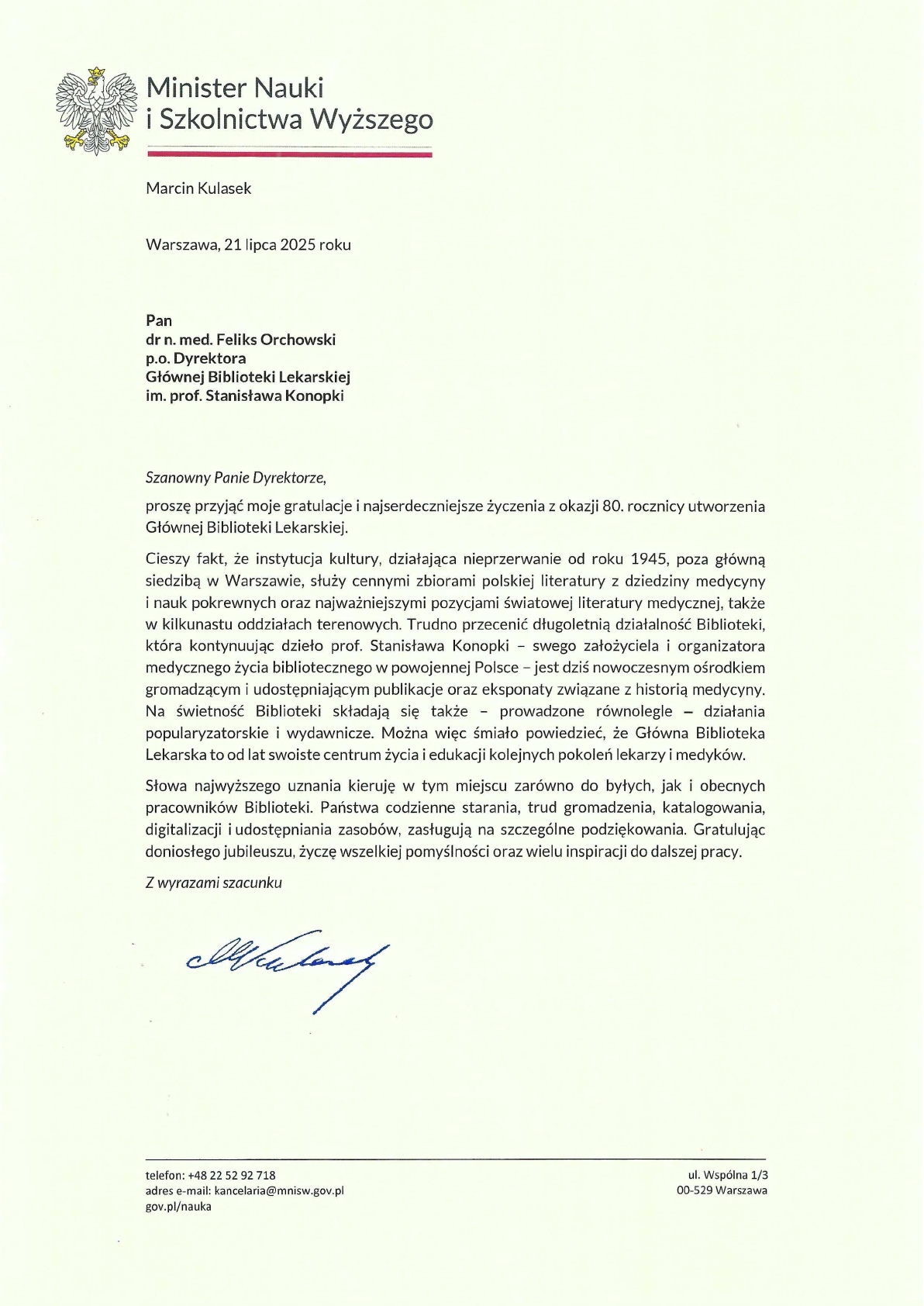 Oficjalne pismo na papierze firmowym Ministra Nauki i Szkolnictwa Wyższego z dnia 21 lipca 2025 roku. Treść zawiera gratulacje dla dyrekcji i pracowników Głównej Biblioteki Lekarskiej im. prof. Stanisława Konopki z okazji jubileuszu 80-lecia instytucji. Pod tekstem widnieje odręczny podpis.