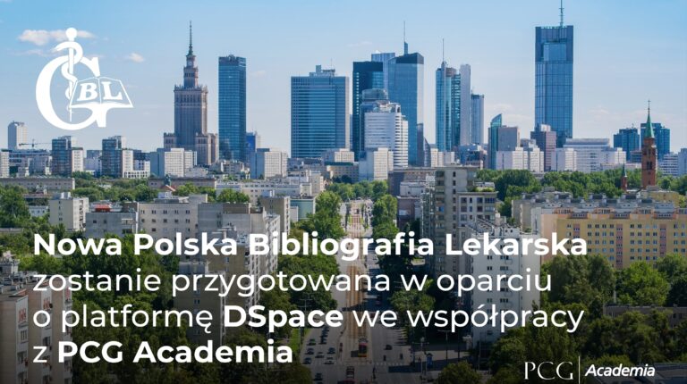 Grafika informacyjna przedstawiająca panoramę Warszawy z widocznym Pałacem Kultury i Nauki oraz nowoczesnymi wieżowcami w tle. Na obraz nałożony jest biały tekst informujący o współpracy instytucji. Informacja: Nowa Polska Bibliografia Lekarska zostanie przygotowana w oparciu o platformę DSpace we współpracy z PCG Academia. Logotypy: Na grafice widoczne są loga Głównej Biblioteki Lekarskiej (w lewym górnym rogu) oraz PCG Academia (w prawym dolnym rogu).