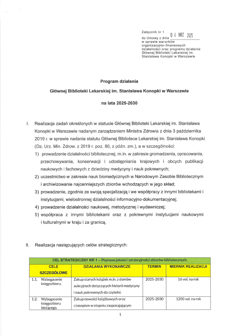 Pierwsza strona dokumentu „Program działania Głównej Biblioteki Lekarskiej im. Stanisława Konopki w Warszawie na lata 2025-2030”. Wyszczególniono zadania statutowe, takie jak gromadzenie, konserwacja i udostępnianie zbiorów z dziedziny medycyny. Tabela „Cel strategiczny nr 1” zakłada wzbogacanie księgozbioru o 16 starych książek oraz 1200 nowości rocznie w latach 2025-2030.