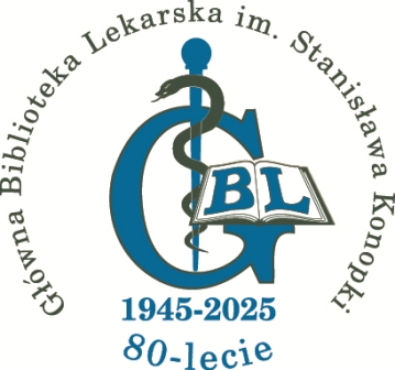 Jubileuszowe logo Głównej Biblioteki Lekarskiej im. Stanisława Konopki. W centrum znajduje się duża litera G z oplecioną wokół niej laską Eskulapa oraz otwartą księgą z literami BL. Poniżej widnieją daty 1945-2025 oraz napis „80-lecie”. Całość otacza pełna nazwa biblioteki.